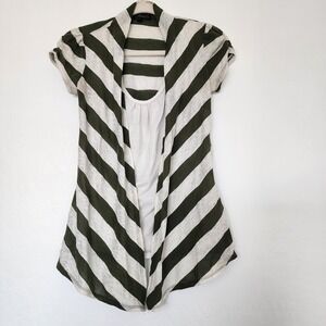 Heart Soul Striped Cardigan Top Small Olive Cream Open Front Layered Tank